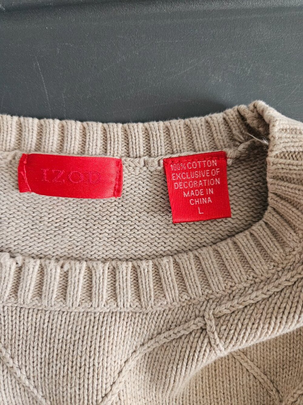 Izod Beige Cotton Knit Crewneck Large Pullover Sweater - Picture 7 of 8